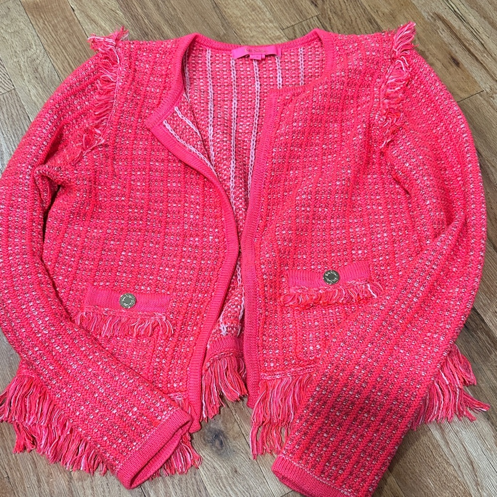 Lily Pulitzer Simora Fringe Knit Cardigan Neon Pink Women’s S
